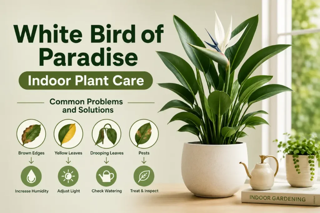 White Bird of Paradise Indoor Plant Care showing common problems and solutions for healthy indoor plant growth