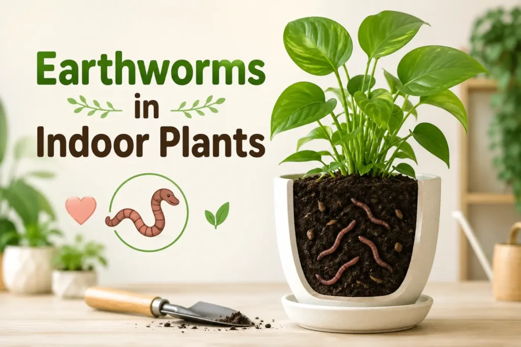 Earthworms in Indoor Plants showing healthy potting soil and a thriving houseplant in a minimalist indoor setting.