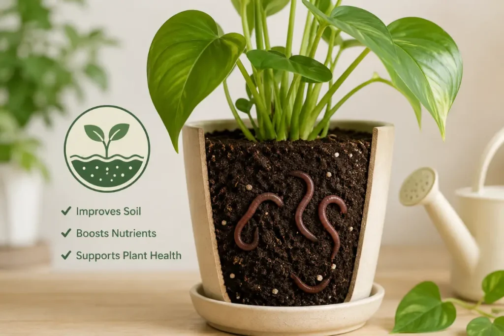 Earthworms in Indoor Plants showing when earthworms in indoor pots are actually beneficial for healthy houseplant soil.