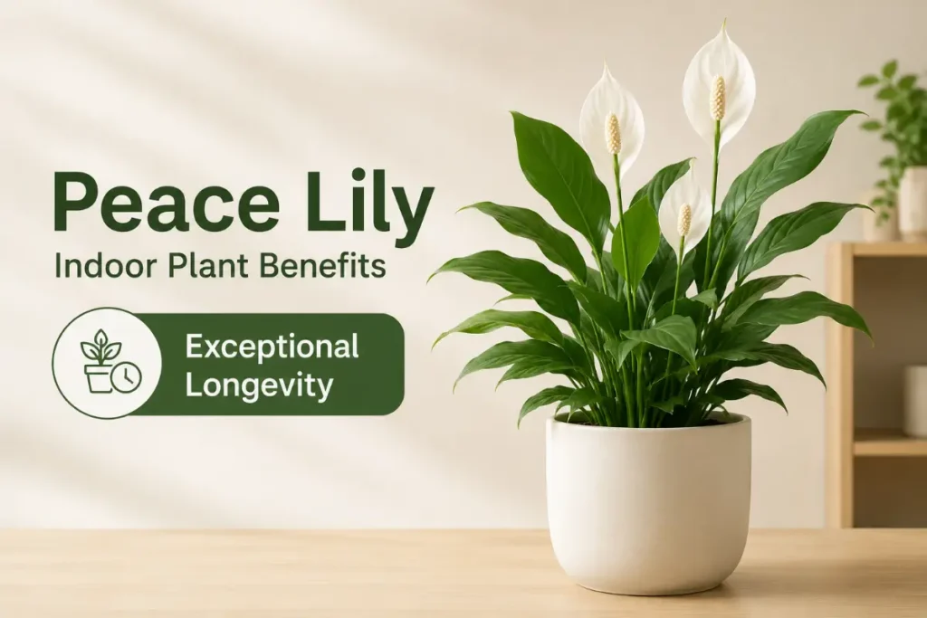 Peace Lily Indoor Plant Benefits showcasing exceptional longevity with a healthy indoor peace lily in a minimalist home.