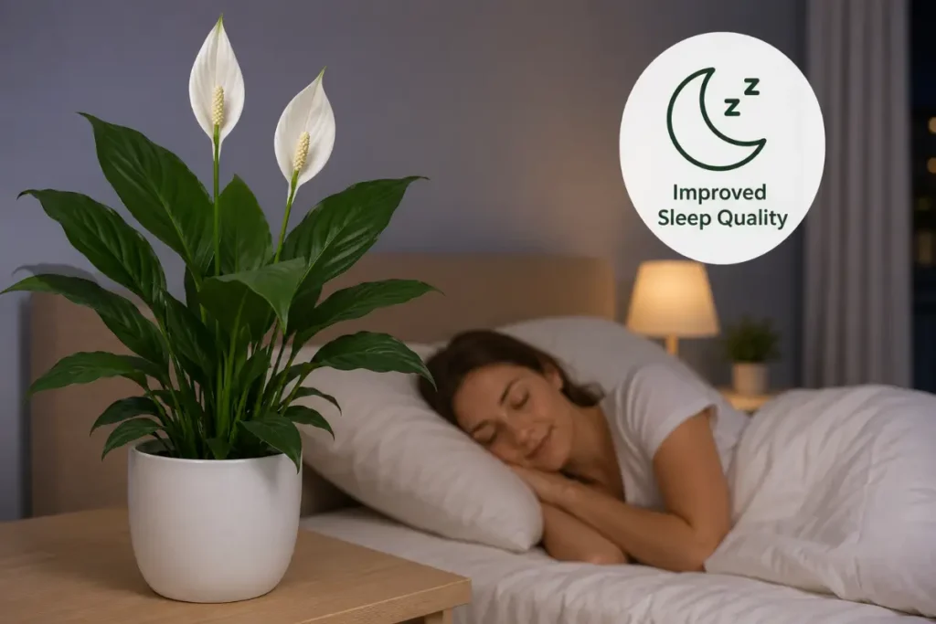 Peace Lily Indoor Plant Benefits with improved sleep quality in a calm minimalist bedroom setting.