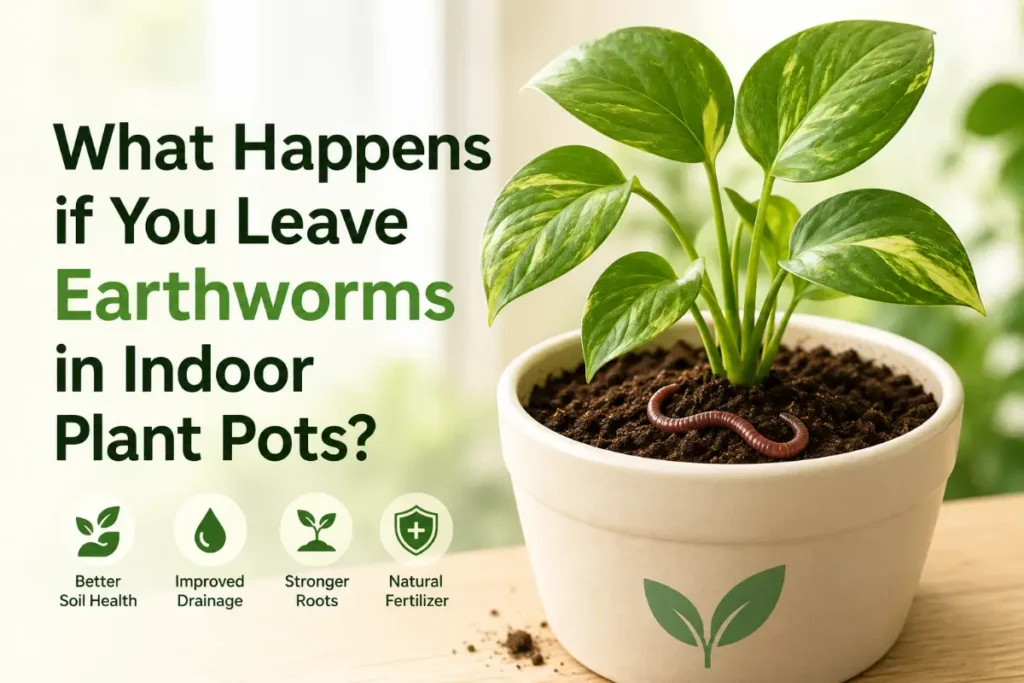 Earthworms in Indoor Plants growing in a potted houseplant, showing healthy soil and root-friendly indoor gardening.