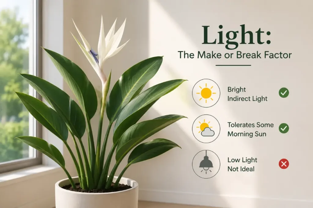 White Bird of Paradise Indoor Plant Care showing bright indirect light as the make or break factor for healthy growth.