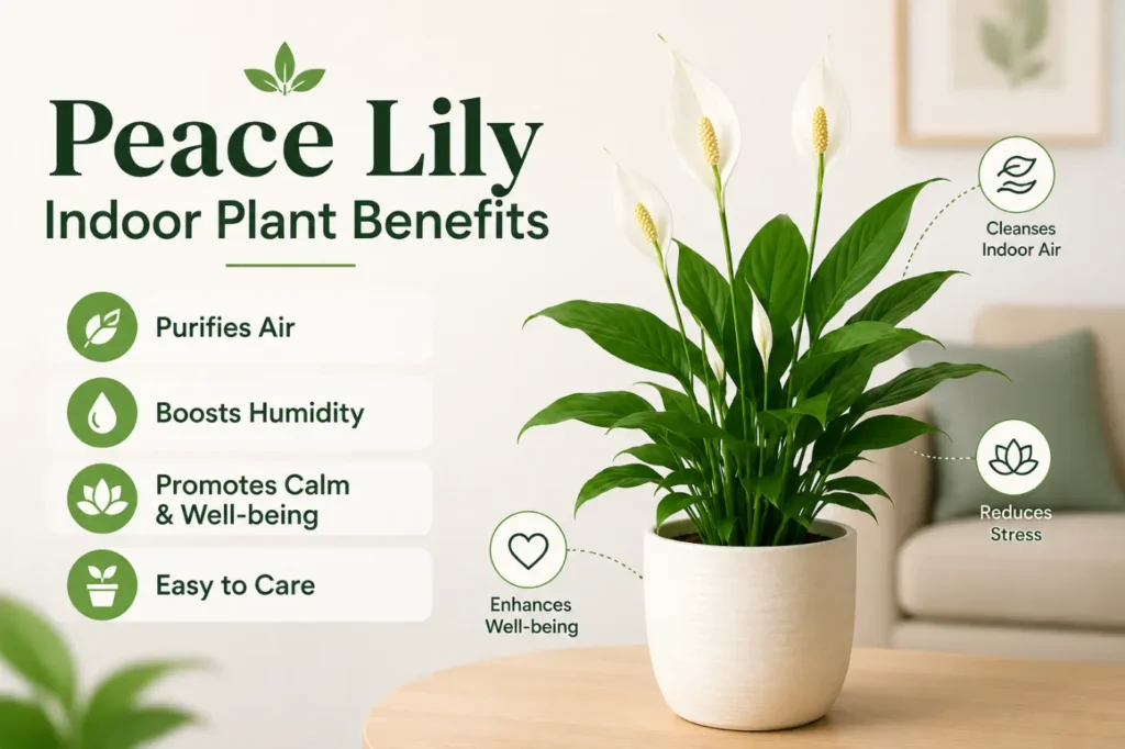 Peace Lily Indoor Plant Benefits illustrated with a healthy peace lily highlighting air purification and easy indoor care.