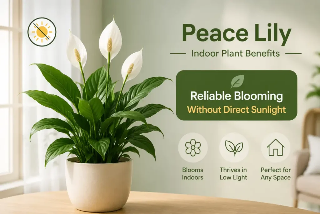 Peace Lily Indoor Plant Benefits showcasing reliable blooming without direct sunlight in a bright indoor setting.