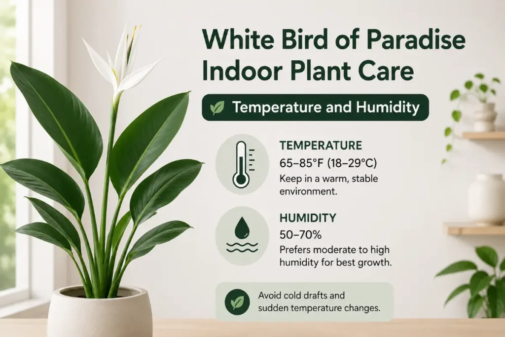 White Bird of Paradise Indoor Plant Care showing ideal Temperature and Humidity for healthy indoor growth.