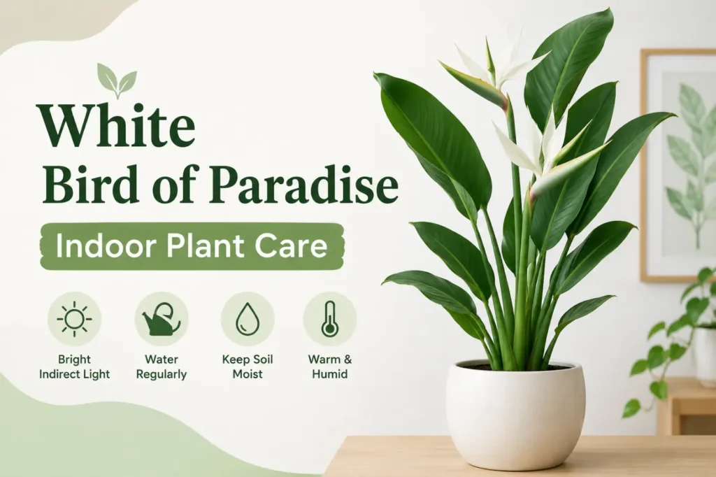 White Bird of Paradise Indoor Plant Care guide with a healthy potted plant in a bright, minimalist indoor setting.