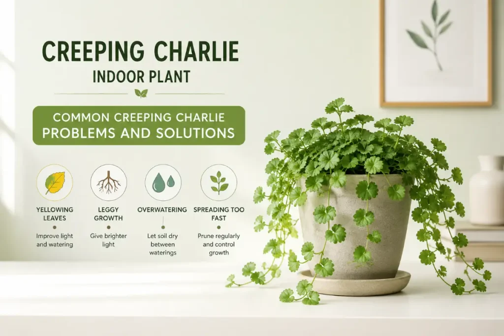 Creeping Charlie indoor plant with lush trailing green leaves in a minimalist home setting.