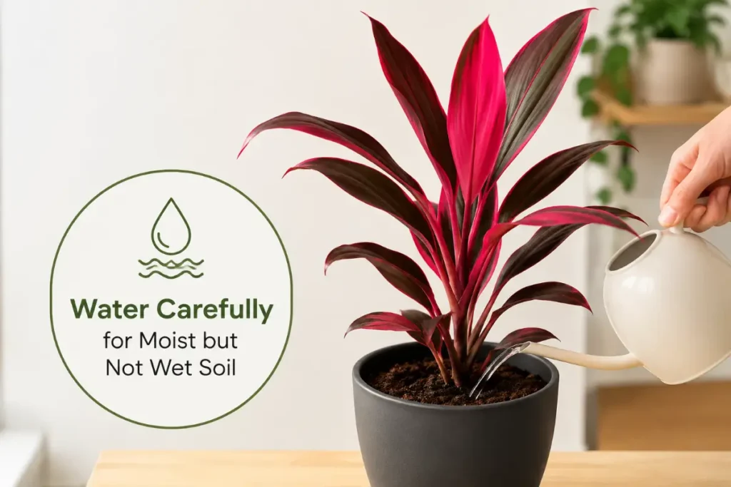 Hawaiian Ti Plant Indoor Care: Watering for moist but not wet soil.
