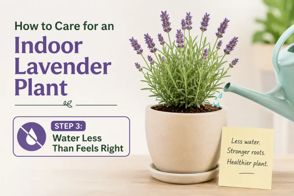 How to Care for an Indoor Lavender Plant with tips on watering less to prevent overwatering and keep roots healthy.
