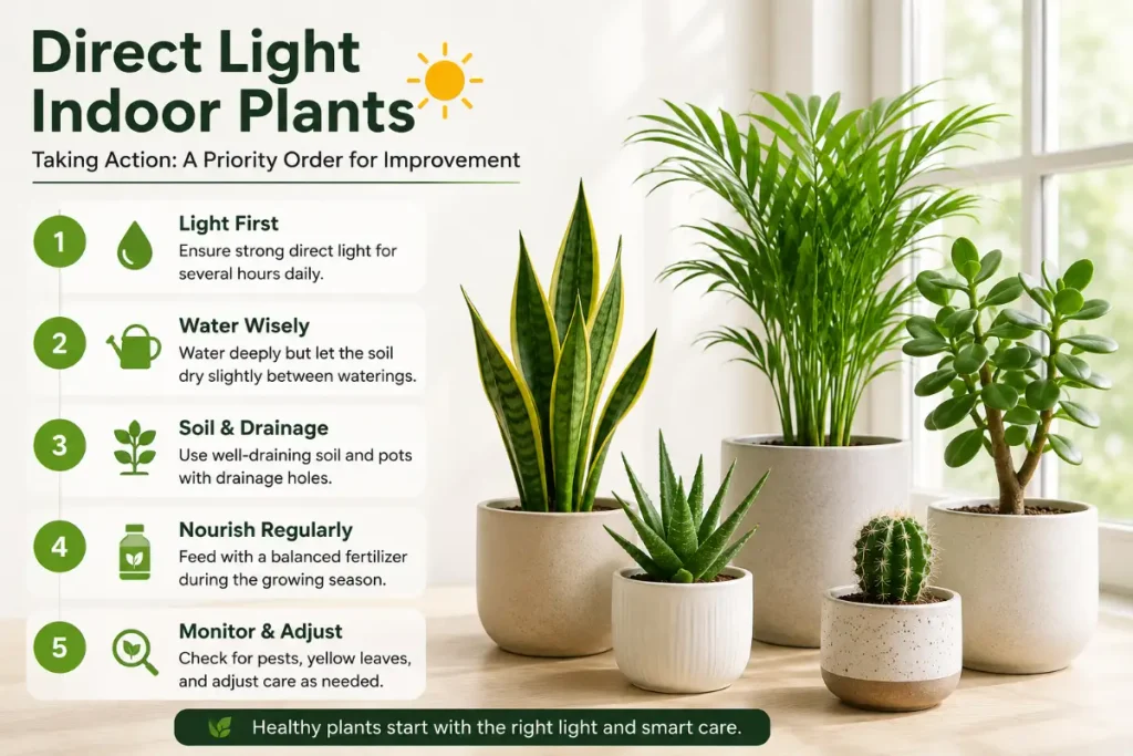 Direct Light Indoor Plants: taking action with a priority order for healthier growth and care.
