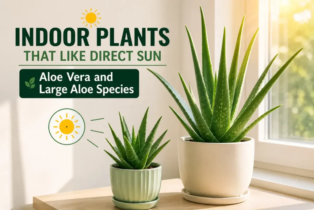 Indoor plants that like direct sun, including aloe vera and large aloe species by a bright window.