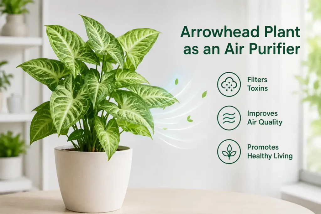 Arrowhead Plant Care Indoors: a healthy arrowhead plant growing indoors in a bright room.