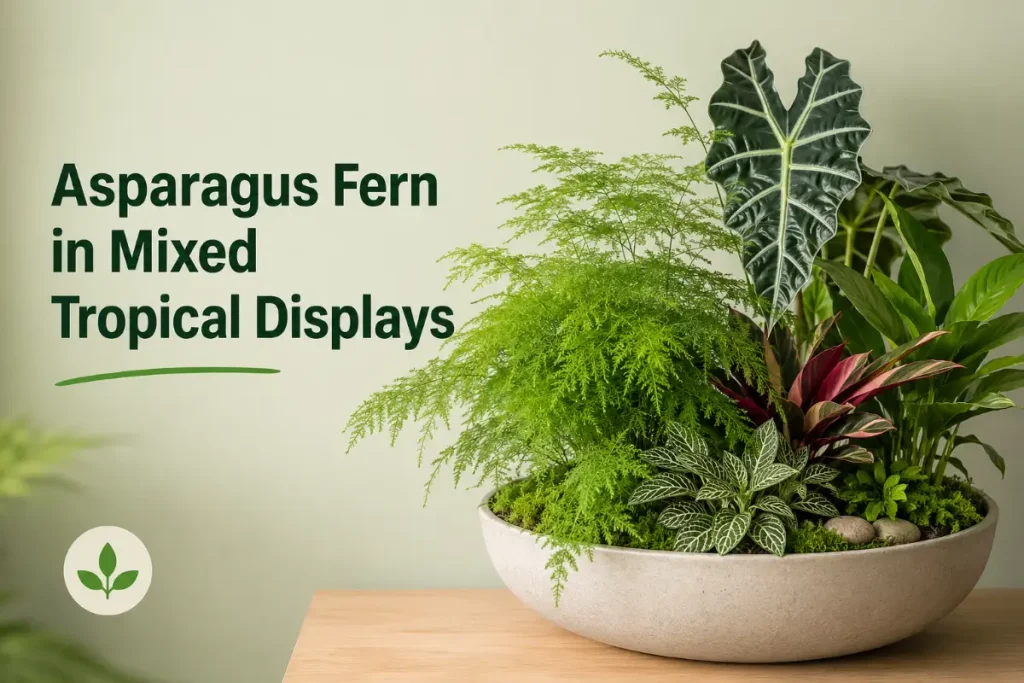 Asparagus Fern Plant Indoor in a mixed tropical display with lush green foliage.
