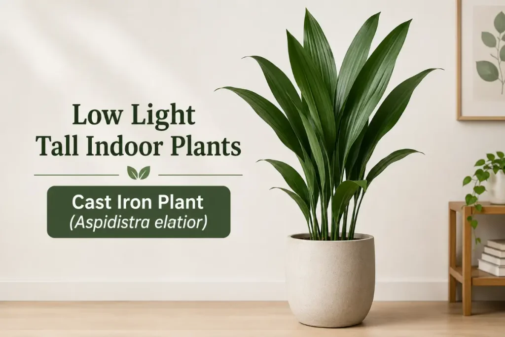 Cast Iron Plant (Aspidistra elatior), a low light tall indoor plant for a minimalist home.
