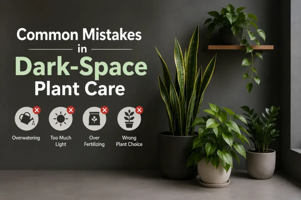 Indoor plants for dark spaces with common dark-space plant care mistakes highlighted.