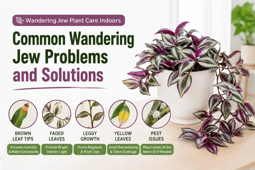 Wandering Jew Plant Care Indoors showing common plant problems and solutions.
