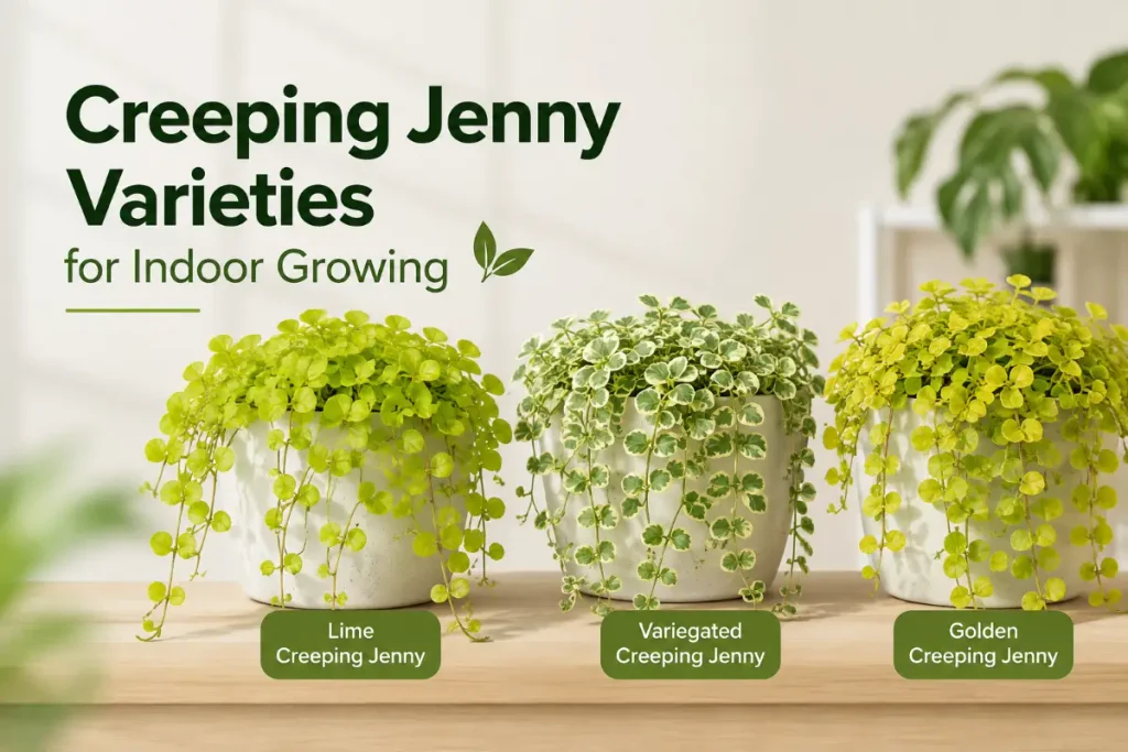 Creeping Jenny indoor plant varieties in pots, including lime, variegated, and golden types.
