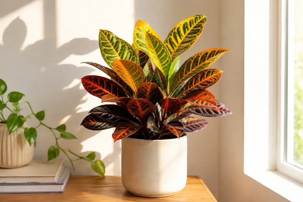 Full Sun Indoor Plants featuring a vibrant Croton (Codiaeum variegatum) in bright window light.