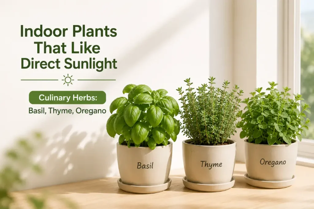 Indoor Plants That Like Direct Sunlight with basil, thyme, and oregano herbs on a sunny windowsill.