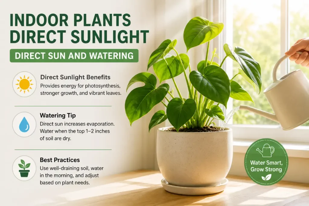Indoor Plants Direct Sunlight: watering tips for healthy growth in bright conditions.