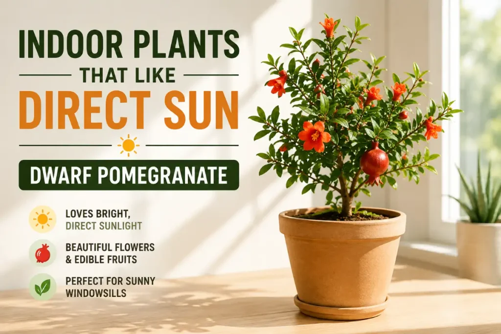 Dwarf pomegranate among indoor plants that like direct sun on a bright sunny windowsill.
