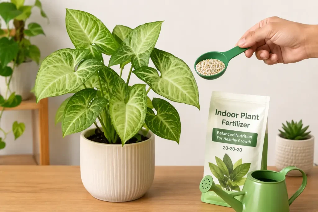 Arrowhead Plant Care Indoors with fertilizer for vigorous growth and color.