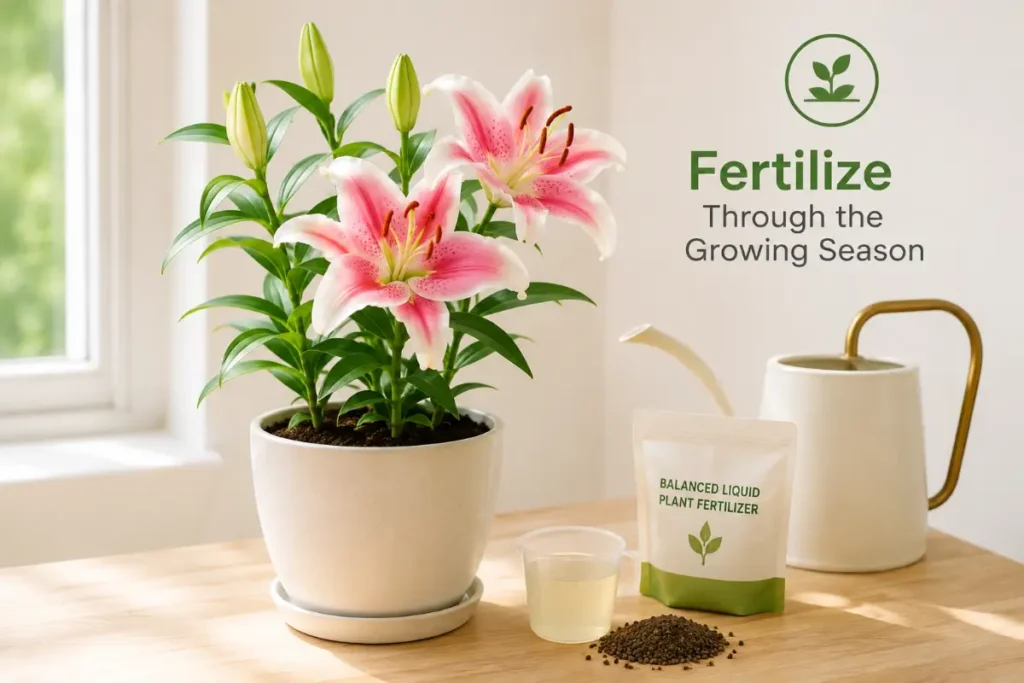 A blooming indoor lily sits beside fertilizer and watering tools in a bright, minimalist setting.