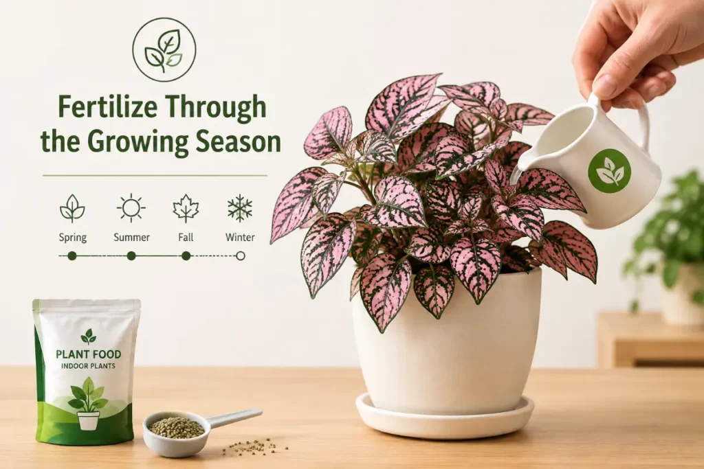 Polka Dot Plant Care Indoor showing how to fertilize through the growing season for healthy colorful growth.