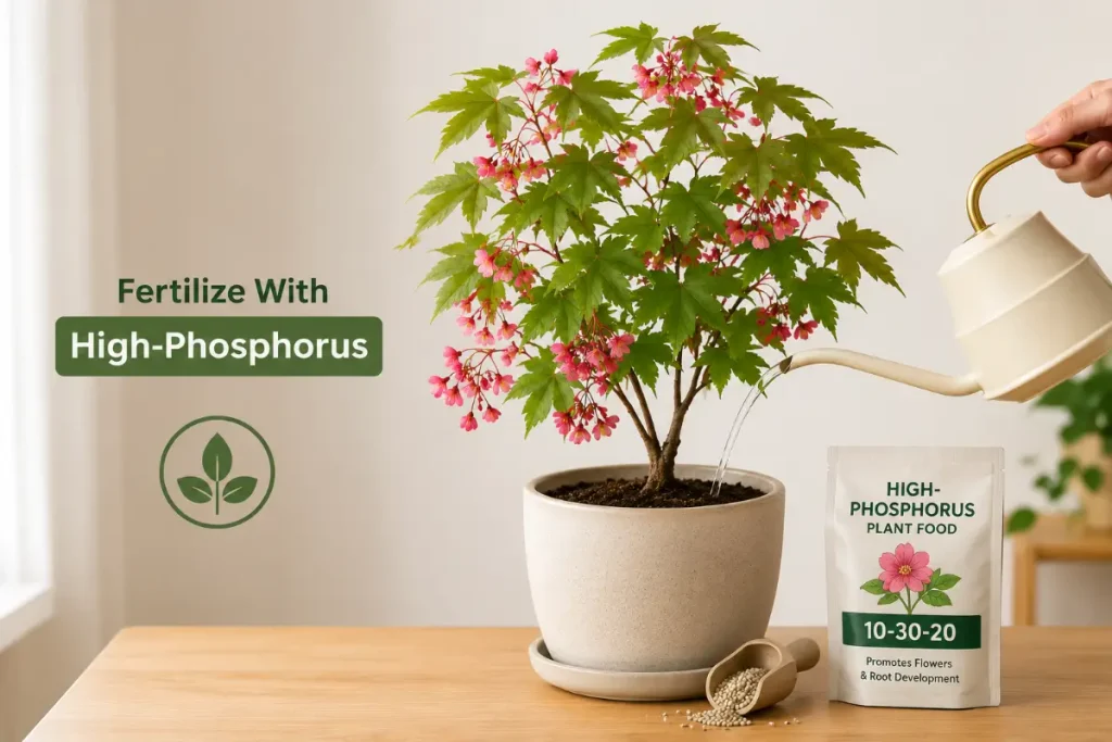 Flowering maple indoor plant fertilized with high-phosphorus plant food to support healthy blooms.
