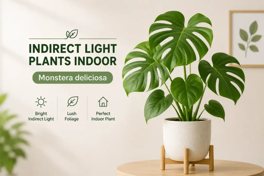 Monstera deliciosa growing among indirect light plants indoor in a bright, minimalist space.