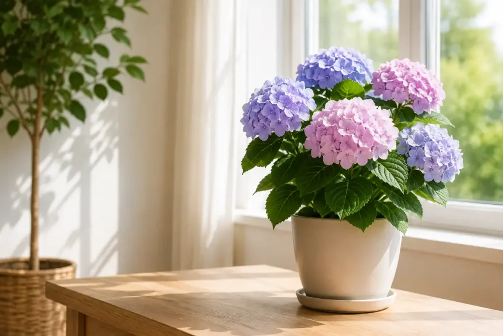 Caring for a Hydrangea Plant Indoors in a cool bright spot by a sunny window.