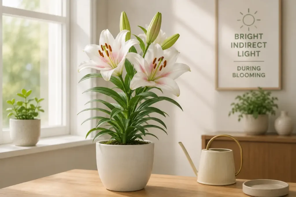 How to keep a lily plant alive indoors with the right light during blooming.