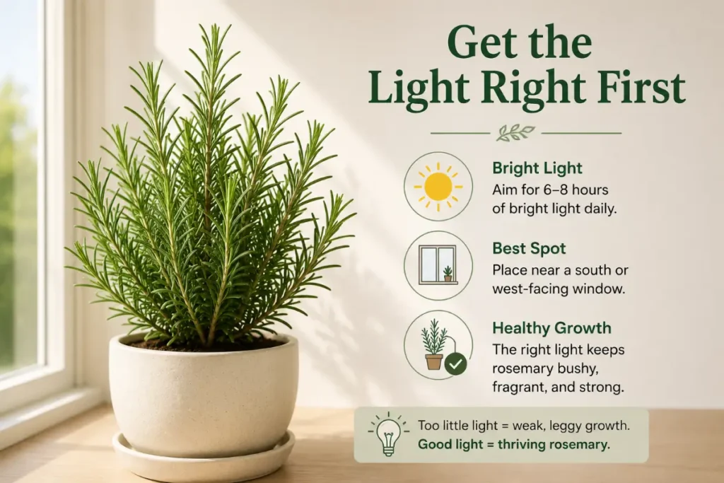 How to Care for a Rosemary Plant Indoors by getting the light right first with a healthy rosemary on a sunny windowsill.