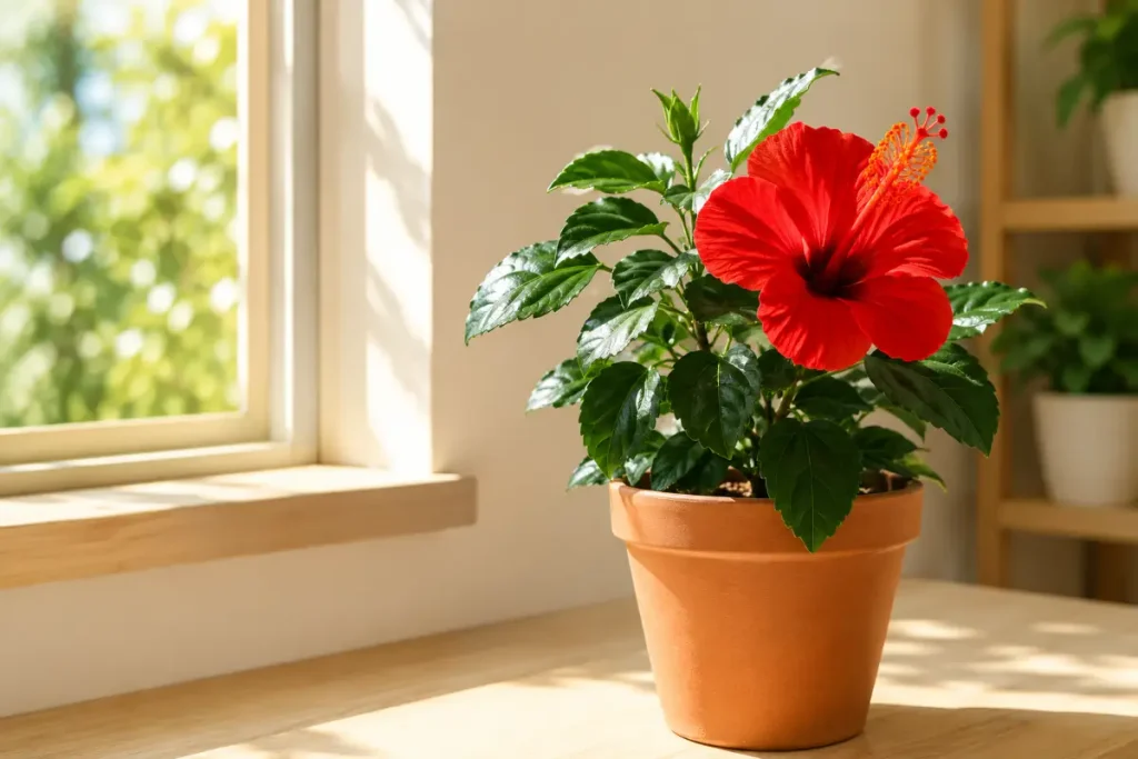 Indoor Plants That Like Direct Sunlight: a vibrant Hibiscus blooming beside a sunny window.