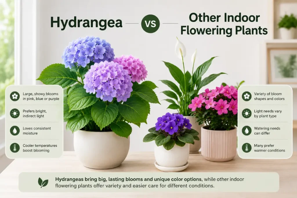 Caring for a Hydrangea Plant Indoors: a visual comparison with other indoor flowering plants.