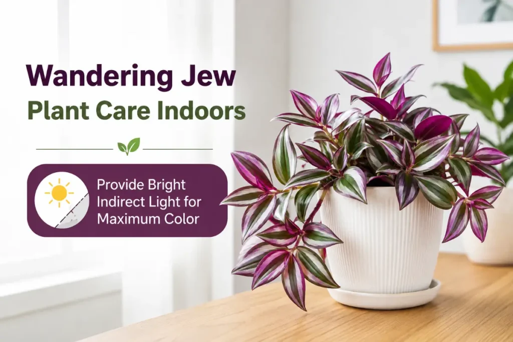 Wandering Jew Plant Care Indoors with bright indirect light for vibrant, colorful foliage.
