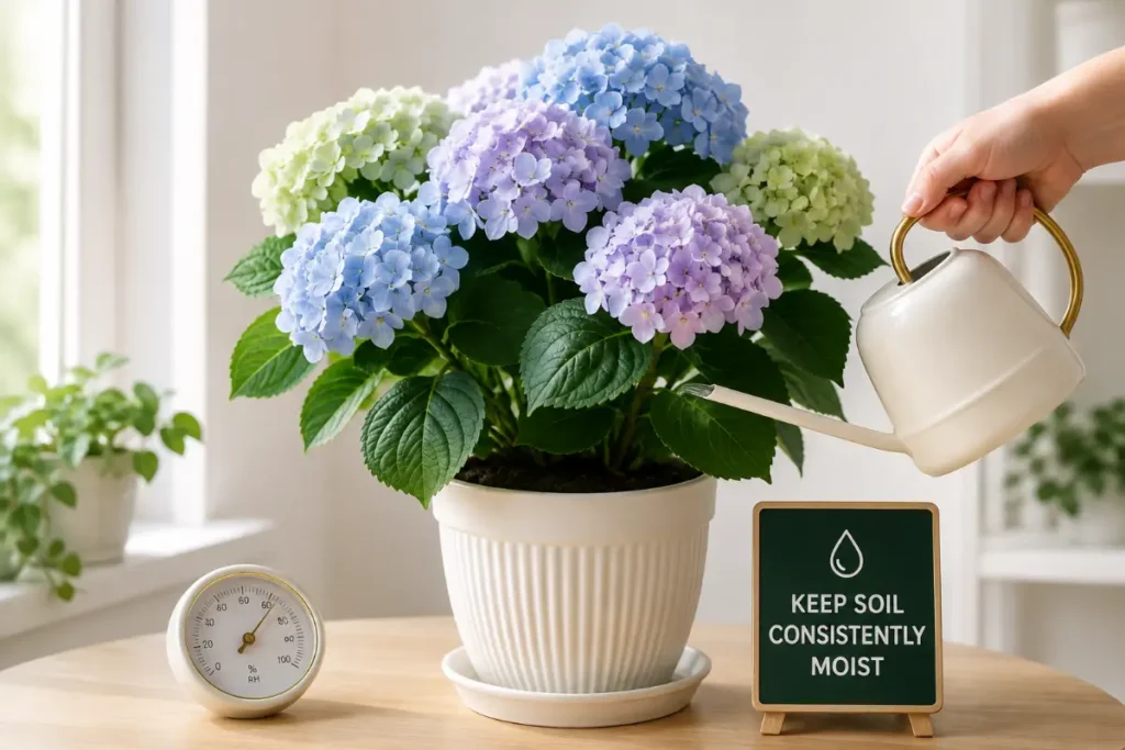 Hydrangea plant care indoors with consistently moist soil.
