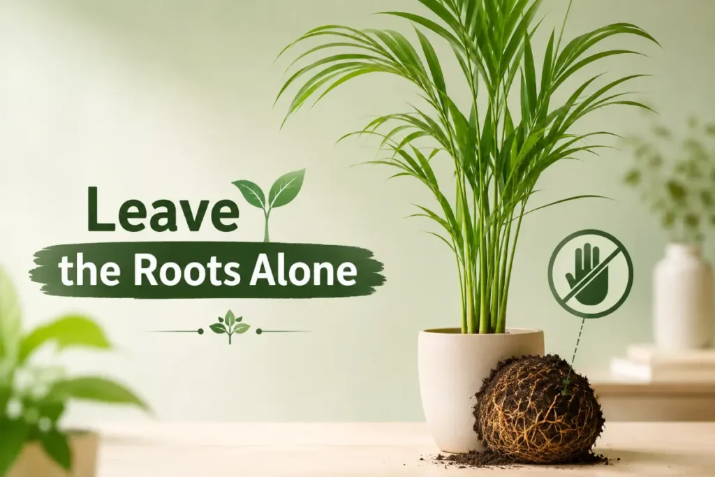 Areca Palm Indoor Plant Care: Leave the roots alone to prevent transplant shock and encourage healthy indoor growth.