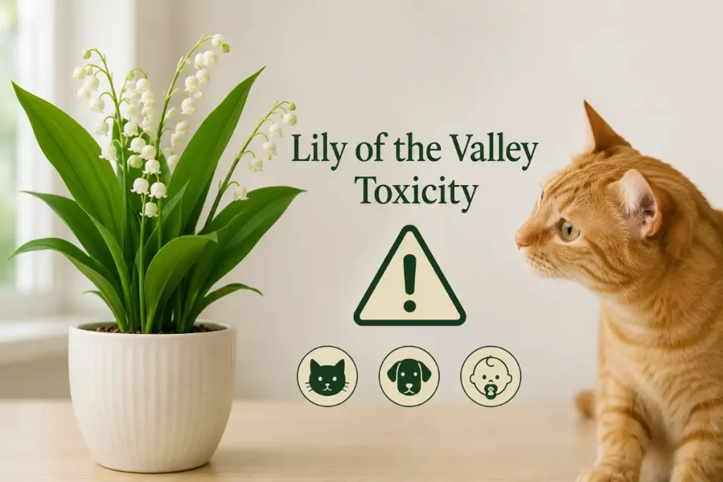 Lily of the Valley indoor plant showing its delicate white blooms and potential toxicity warning for pets and children.