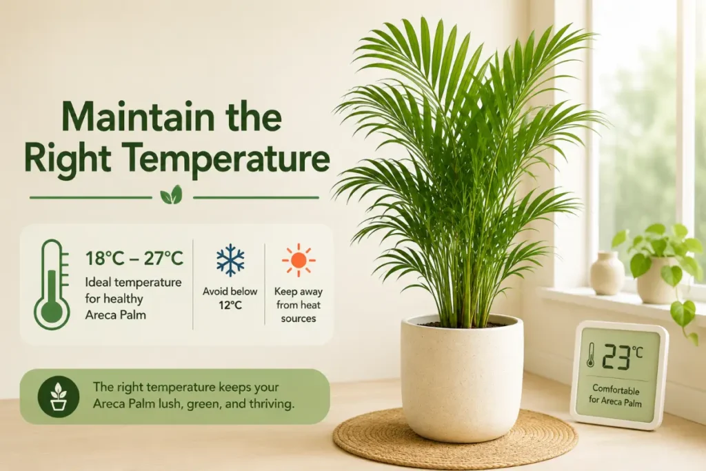 Areca Palm Indoor Plant Care showing the right indoor temperature range for healthy growth and lush green foliage.