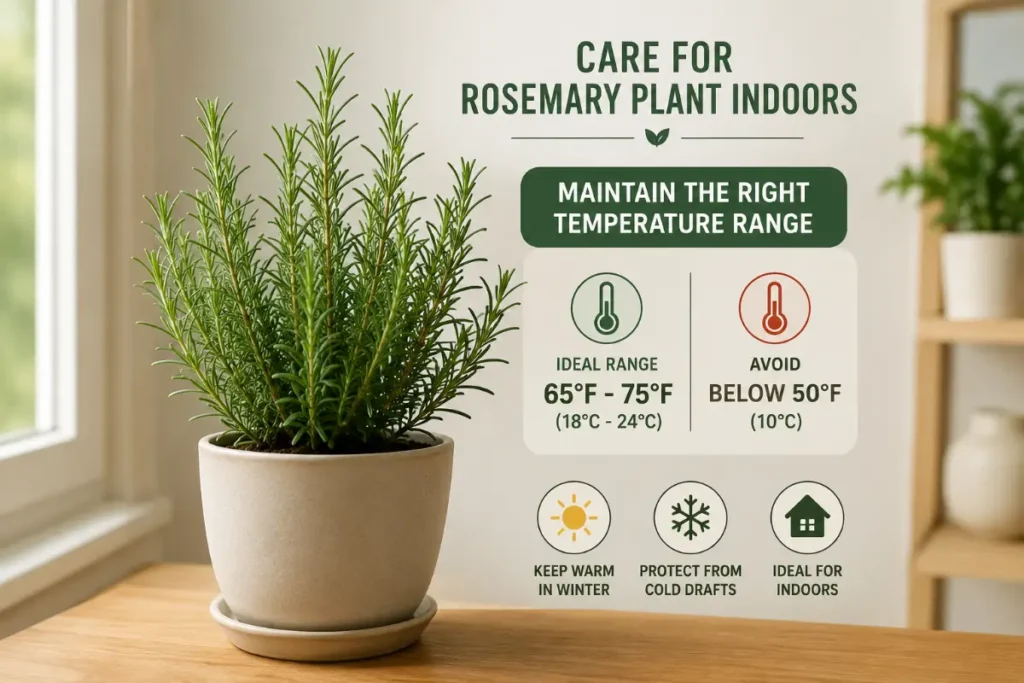 Care for Rosemary Plant Indoors: Keep the temperature between 65°F and 75°F and protect the plant from cold drafts.
