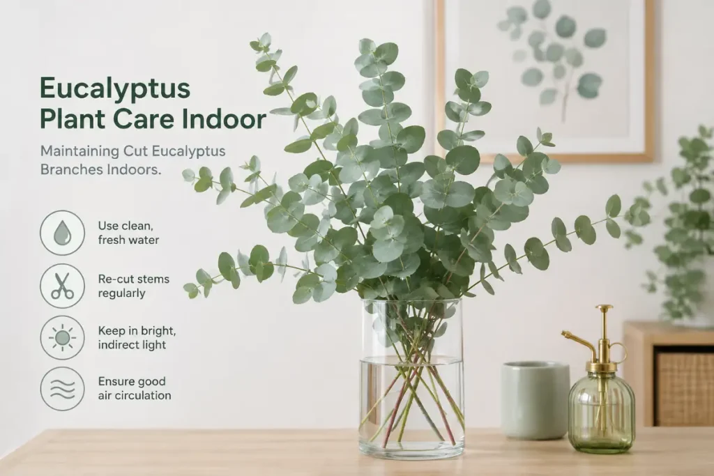 Eucalyptus Plant Care Indoor with fresh cut eucalyptus branches displayed in a vase indoors.