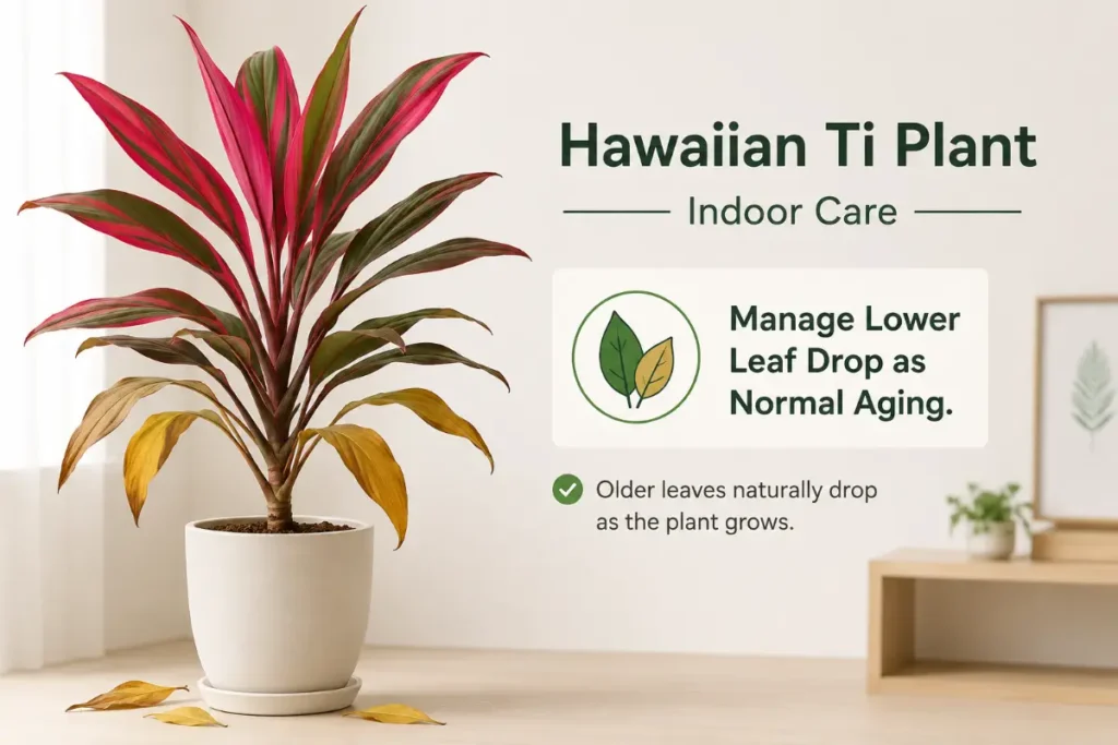 Hawaiian Ti Plant Indoor Care: managing lower leaf drop as normal aging.
