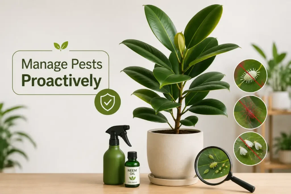 Minimalist ficus pest-control graphic with proactive care messaging and clean botanical styling.