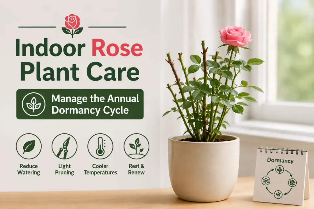 Indoor Rose Plant Care: managing the annual dormancy cycle.
