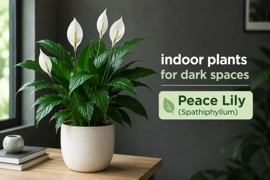 Indoor plants for dark spaces featuring a healthy Peace Lily (Spathiphyllum) in a stylish home setting.