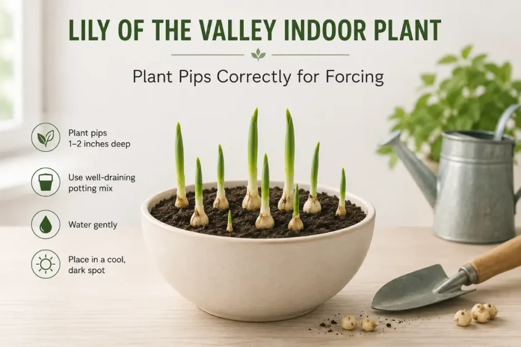 Lily of the valley indoor plant with pips planted correctly for forcing in a pot.