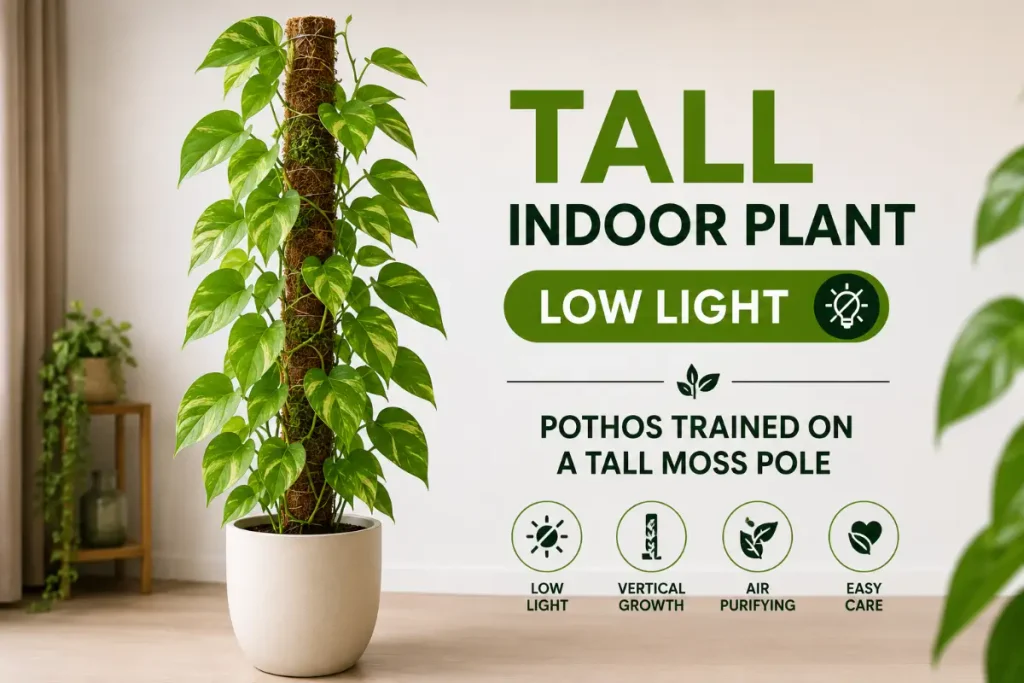 Tall Indoor Plant featuring Pothos trained on a tall moss pole in a low-light indoor setting.