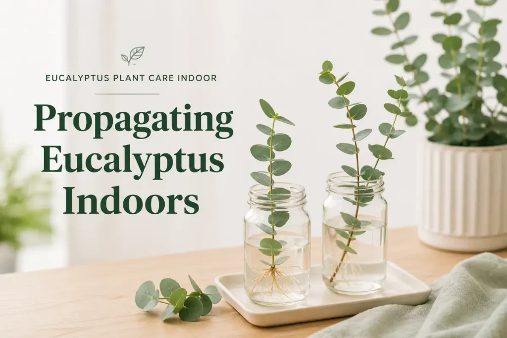 Eucalyptus plant care indoor with cuttings rooting in glass jars for propagating eucalyptus indoors.
